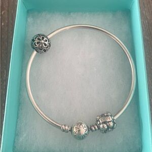 Pandora Elegant Silver Bangle Bracelet with 2 charms